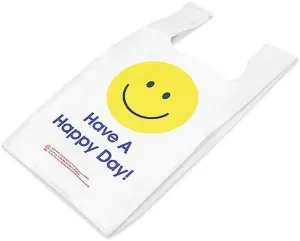 100 Pack - Printed Grocery Bags - 'Have a Happy Day!'- T Shirt bags - 12"x7"x22" fits standard bag holder (Happy Day)