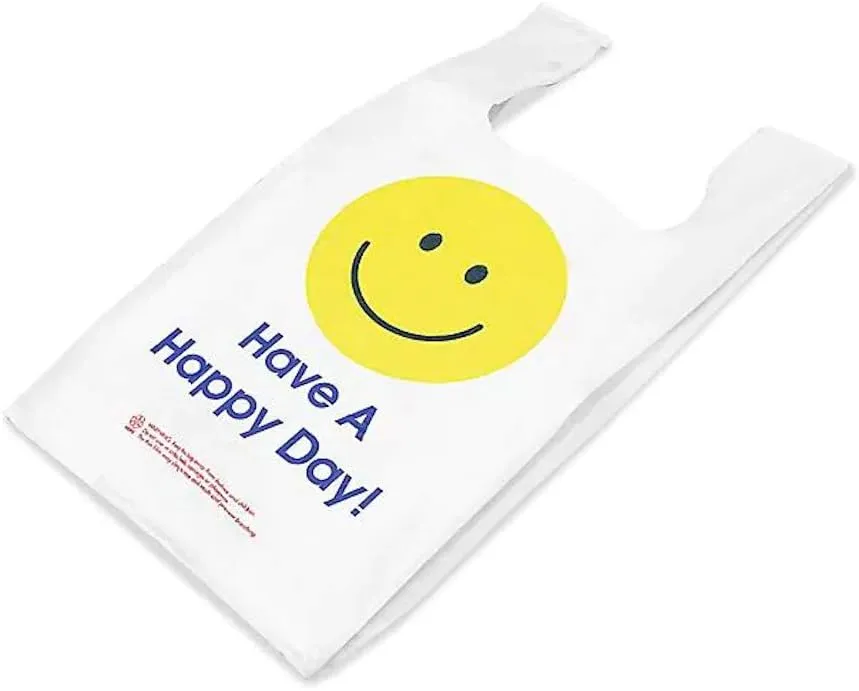 100 Pack - Printed Grocery Bags - 'Have a Happy Day!'- T Shirt bags - 12"x7"x22" fits standard bag holder (Happy Day)