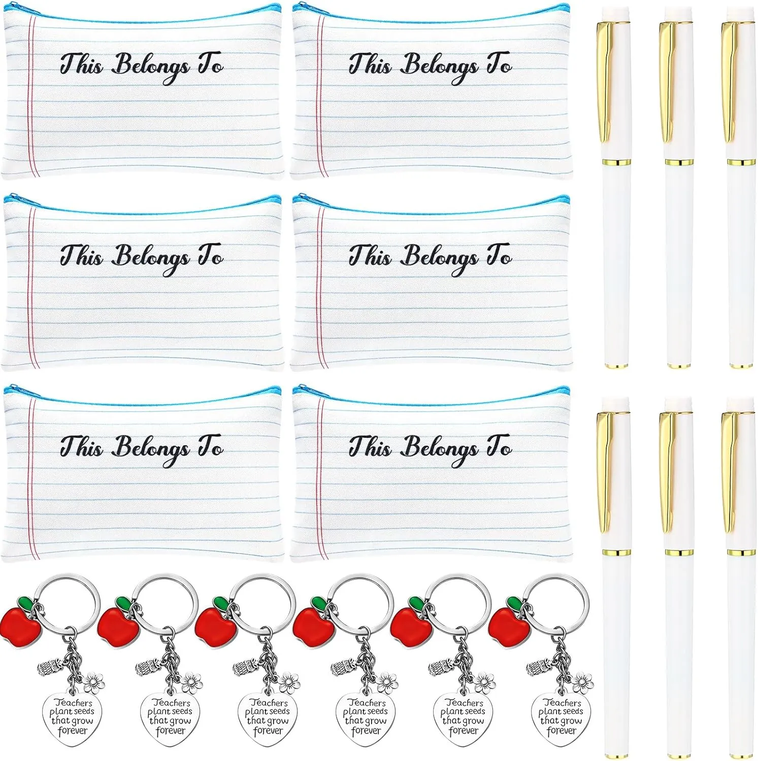 18 Pcs Teacher Appreciation Gifts Bulk Thank You Teacher Gifts with Makeup Cosmetic Bags Keychain and Pens Pencil Pouch for Holiday Birthday Graduation Favors(White,Flower)