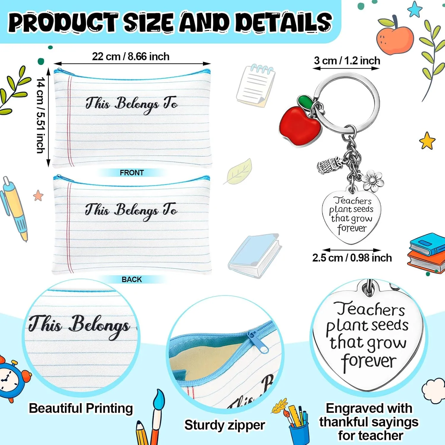 18 Pcs Teacher Appreciation Gifts Bulk Thank You Teacher Gifts with Makeup Cosmetic Bags Keychain and Pens Pencil Pouch for Holiday Birthday Graduation Favors(White,Flower)