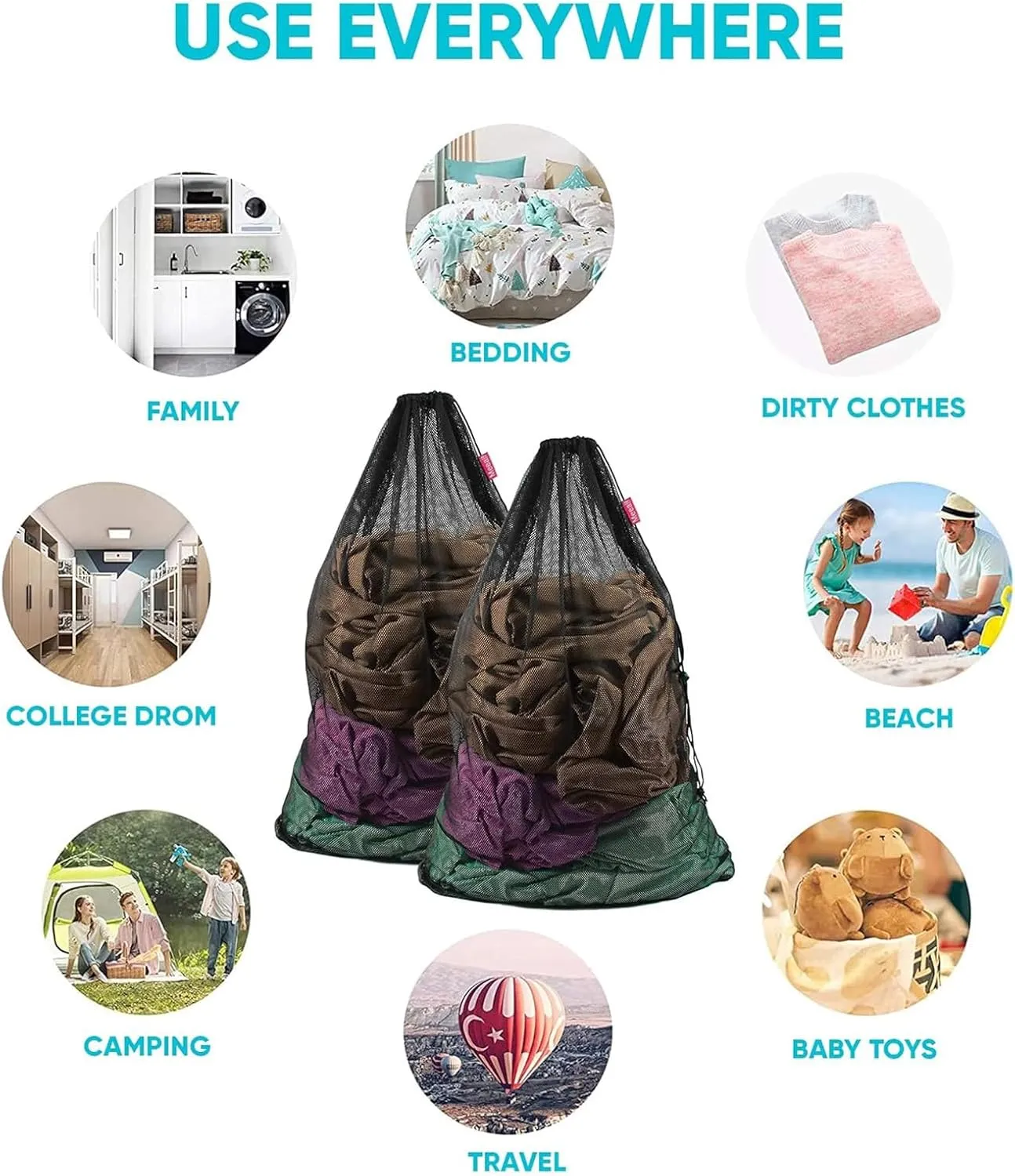 2 Pack Laundry Bags Heavy Duty Mesh Wash Bags with Drawstring Closure for College, Dorm, Travel, Family and Apartment Dwellers, 24 x 36 Inches, Black