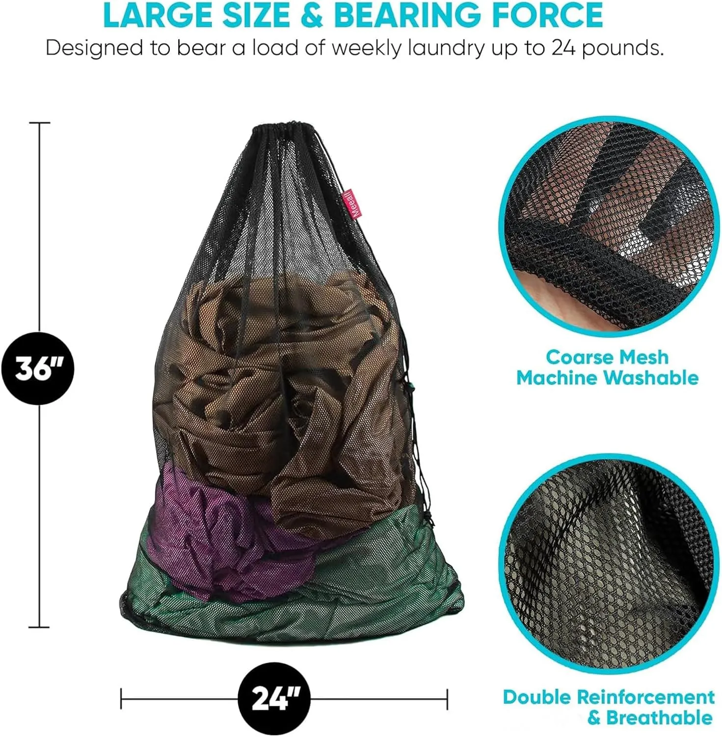 2 Pack Laundry Bags Heavy Duty Mesh Wash Bags with Drawstring Closure for College, Dorm, Travel, Family and Apartment Dwellers, 24 x 36 Inches, Black