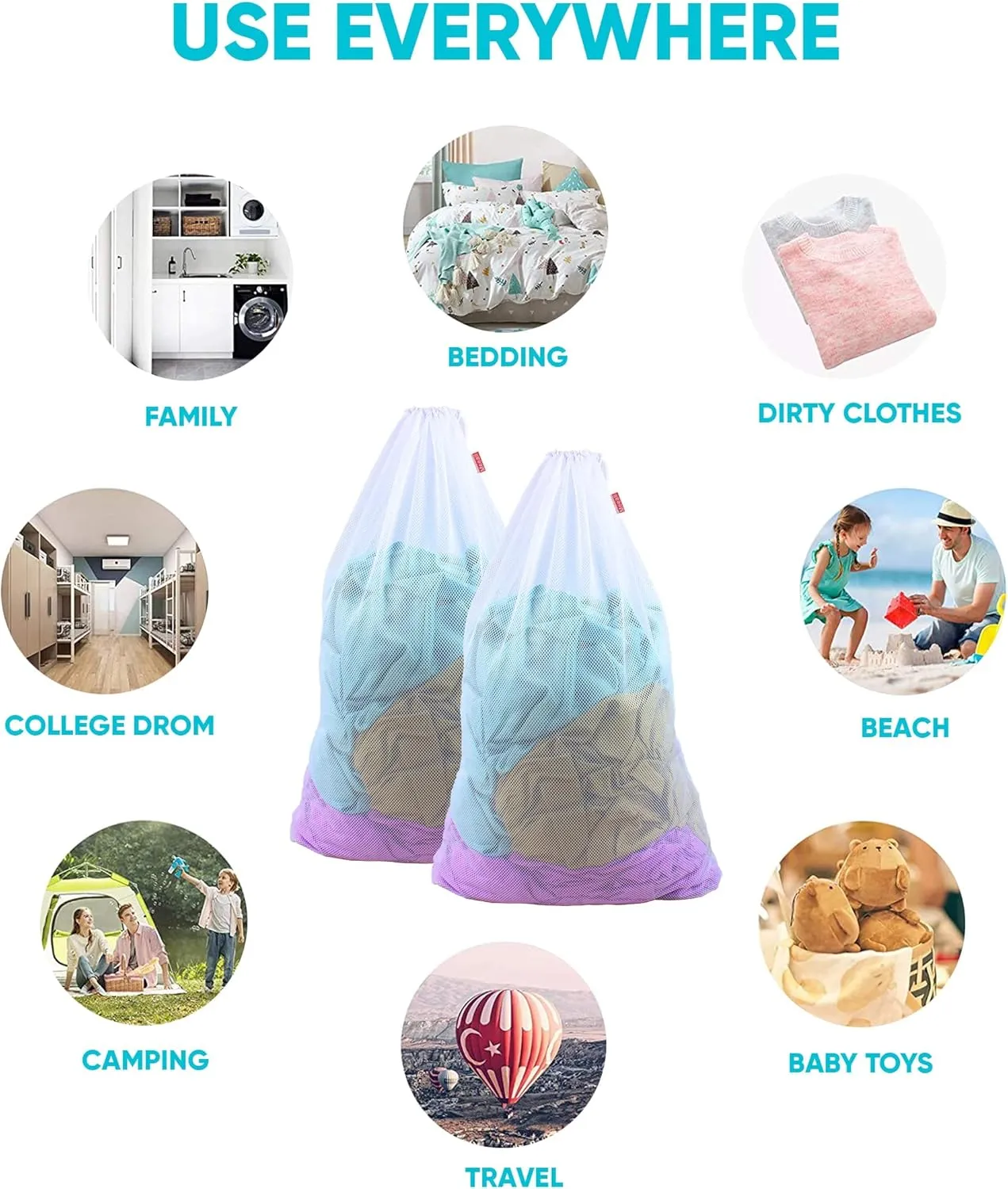 2 Pack Laundry Bags Heavy Duty Mesh Wash Bags with Drawstring Closure for College, Dorm, Travel, Family and Apartment Dwellers, 24 x 36 Inches, White