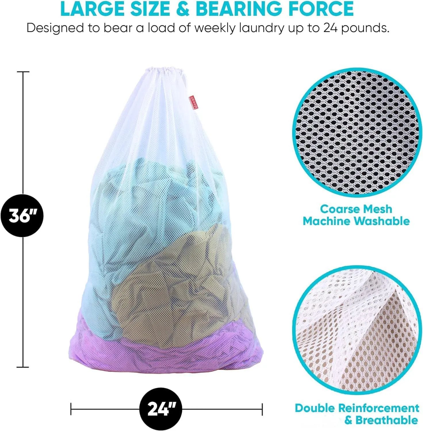 2 Pack Laundry Bags Heavy Duty Mesh Wash Bags with Drawstring Closure for College, Dorm, Travel, Family and Apartment Dwellers, 24 x 36 Inches, White