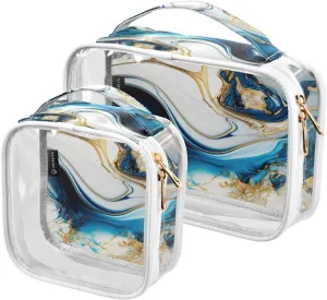 2 Pack Portable Travel Clear Cosmetic Toiletry Bags with Double Zippers for Men Women, Blue-marble-gold-print Waterproof Storage Carry Pouch with Handle, Tote Bags for Bathroom Traveling Vacation Org