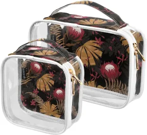 2 Pack Portable Travel Clear Cosmetic Toiletry Bags with Double Zippers for Men Women, Dark Floral-pattern Waterproof Storage Carry Pouch with Handle, Tote Bags for Bathroom Traveling Vacation Organi