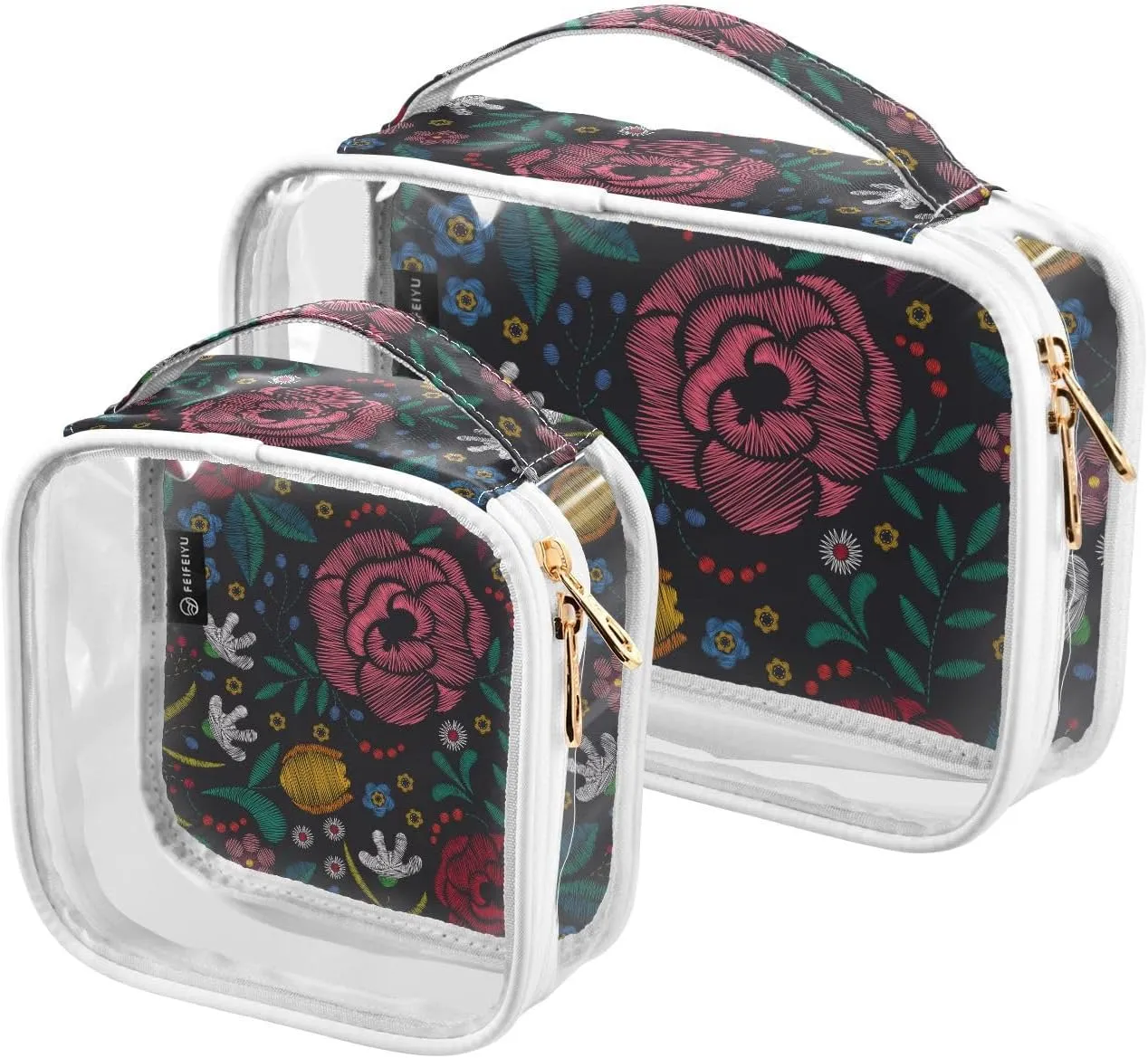2 Pack Portable Travel Clear Cosmetic Toiletry Bags with Double Zippers for Men Women, Embroidery-floral Print Waterproof Storage Carry Pouch with Handle, Tote Bags for Bathroom Traveling Vacation Or