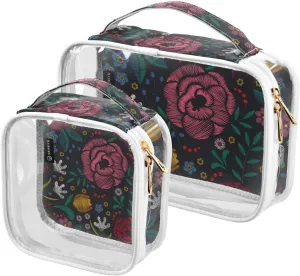 2 Pack Portable Travel Clear Cosmetic Toiletry Bags with Double Zippers for Men Women, Embroidery-floral Print Waterproof Storage Carry Pouch with Handle, Tote Bags for Bathroom Traveling Vacation Or