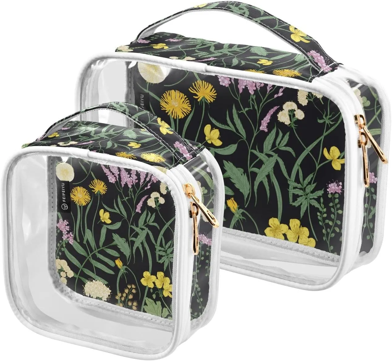2 Pack Portable Travel Clear Cosmetic Toiletry Bags with Double Zippers for Men Women, Flowers-black-floral-print Waterproof Storage Carry Pouch with Handle, Tote Bags for Bathroom Traveling Vacation