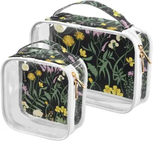 2 Pack Portable Travel Clear Cosmetic Toiletry Bags with Double Zippers for Men Women, Flowers-black-floral-print Waterproof Storage Carry Pouch with Handle, Tote Bags for Bathroom Traveling Vacation