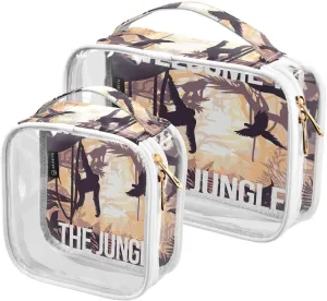 2 Pack Portable Travel Clear Cosmetic Toiletry Bags with Double Zippers for Men Women, Jungle-party-print Waterproof Storage Carry Pouch with Handle, Tote Bags for Bathroom Traveling Vacation Organiz
