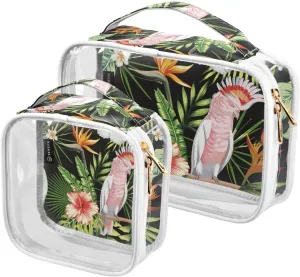 2 Pack Portable Travel Clear Cosmetic Toiletry Bags with Double Zippers for Men Women, Tropic-exotic-multicolor-birds Waterproof Storage Carry Pouch with Handle, Tote Bags for Bathroom Traveling Vaca