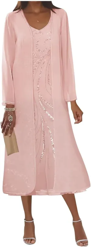 2 Piece Mother of The Bride Dresses for Women Sequin Chiffon Tea Length Formal Dress with Jackets