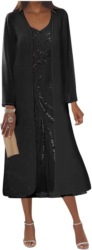 2 Piece Mother of The Bride Dresses for Women Sequin Chiffon Tea Length Formal Dress with Jackets