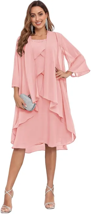 2 Pieces Mother of The Bride Dress for Wedding Knee Length Ruffles A-Line Chiffon Formal Gown with Jacket