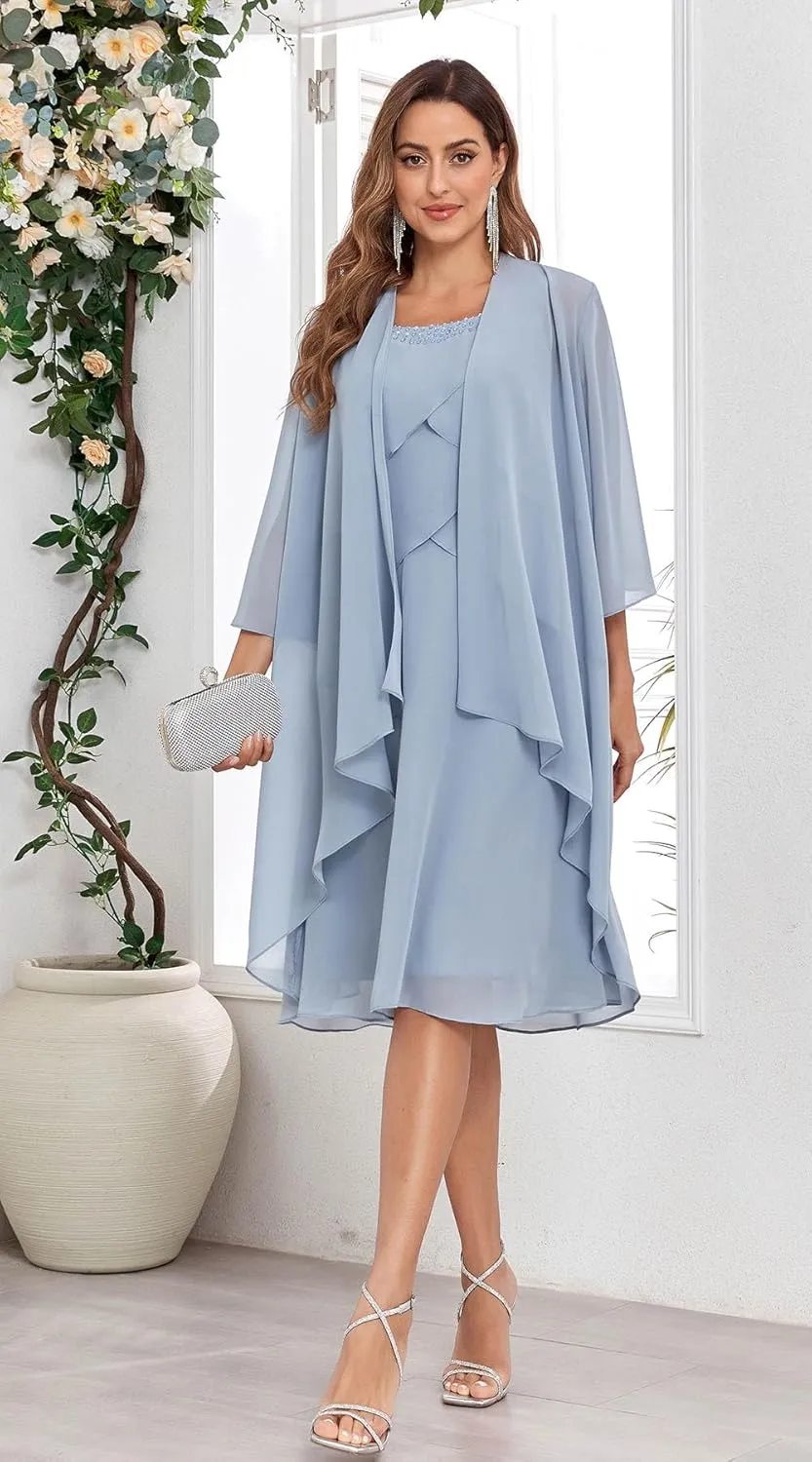 2 Pieces Mother of The Bride Dress for Wedding Knee Length Ruffles A-Line Chiffon Formal Gown with Jacket