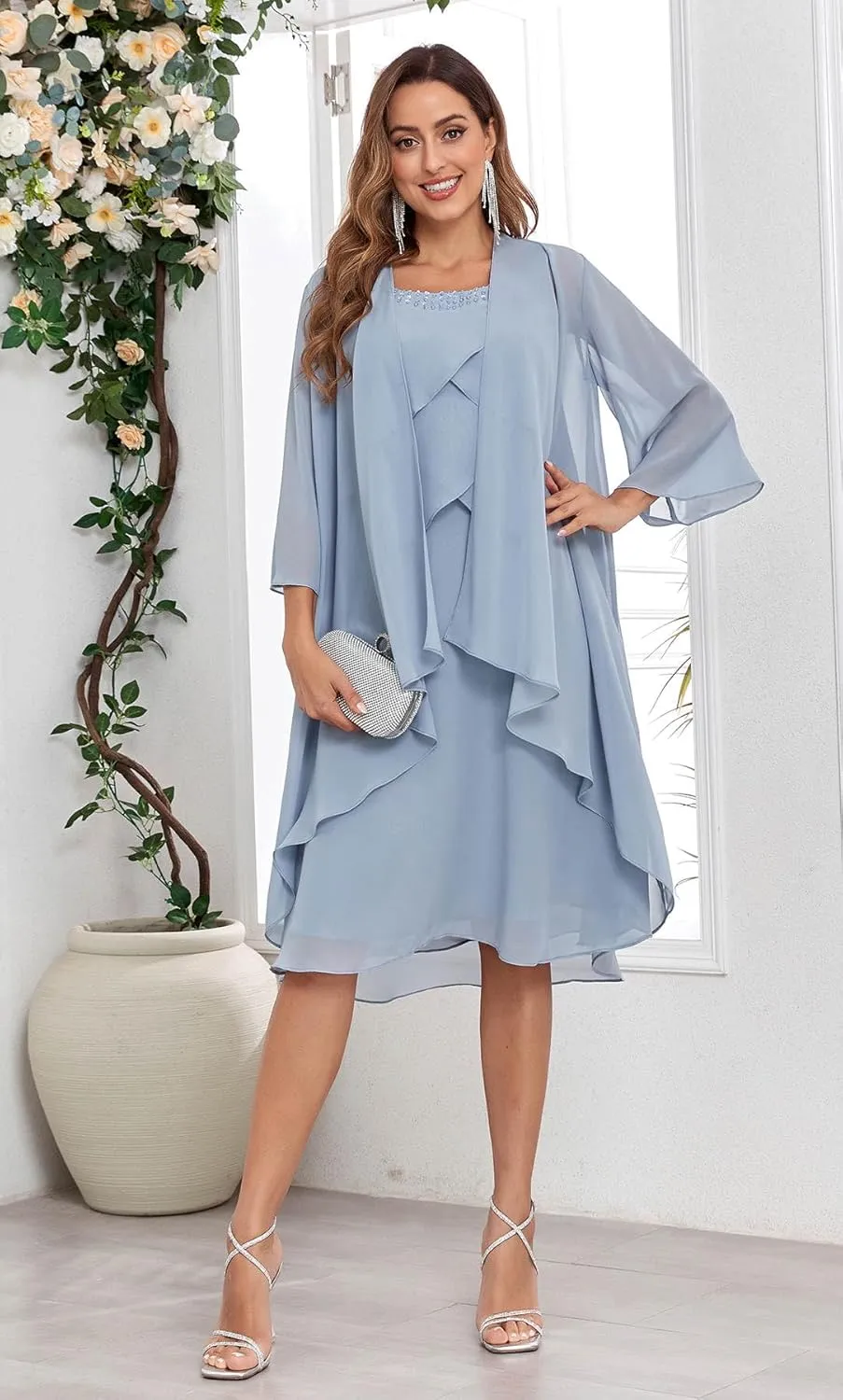 2 Pieces Mother of The Bride Dress for Wedding Knee Length Ruffles A-Line Chiffon Formal Gown with Jacket