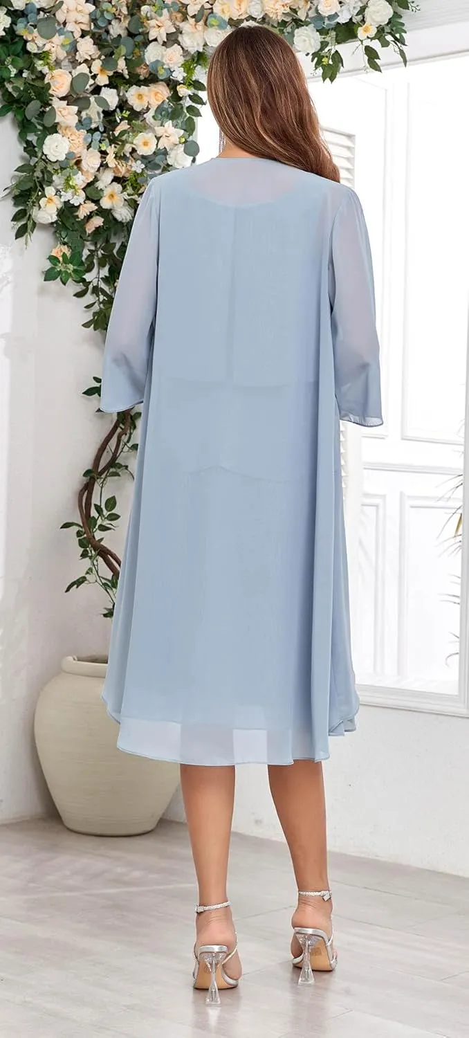 2 Pieces Mother of The Bride Dress for Wedding Knee Length Ruffles A-Line Chiffon Formal Gown with Jacket