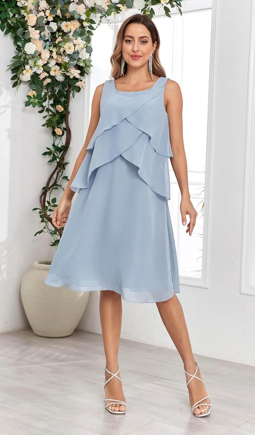2 Pieces Mother of The Bride Dress for Wedding Knee Length Ruffles A-Line Chiffon Formal Gown with Jacket