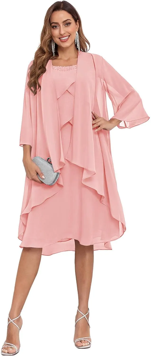 2 Pieces Mother of The Bride Dress for Wedding Knee Length Ruffles A-Line Chiffon Formal Gown with Jacket