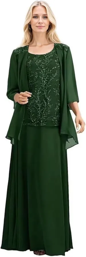 2 Pieces Mother of The Bride Dress with Jacket Chiffon Formal Wedding Guest Dresses 3/4 Sleeve Evening Gowns