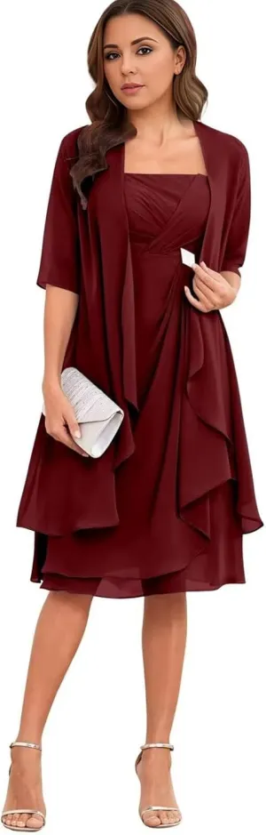 2 Pieces Mother of The Bride Dresses for Wedding Lace Applique Chiffon Tea Length Mother of The Groom Gown with Jackets