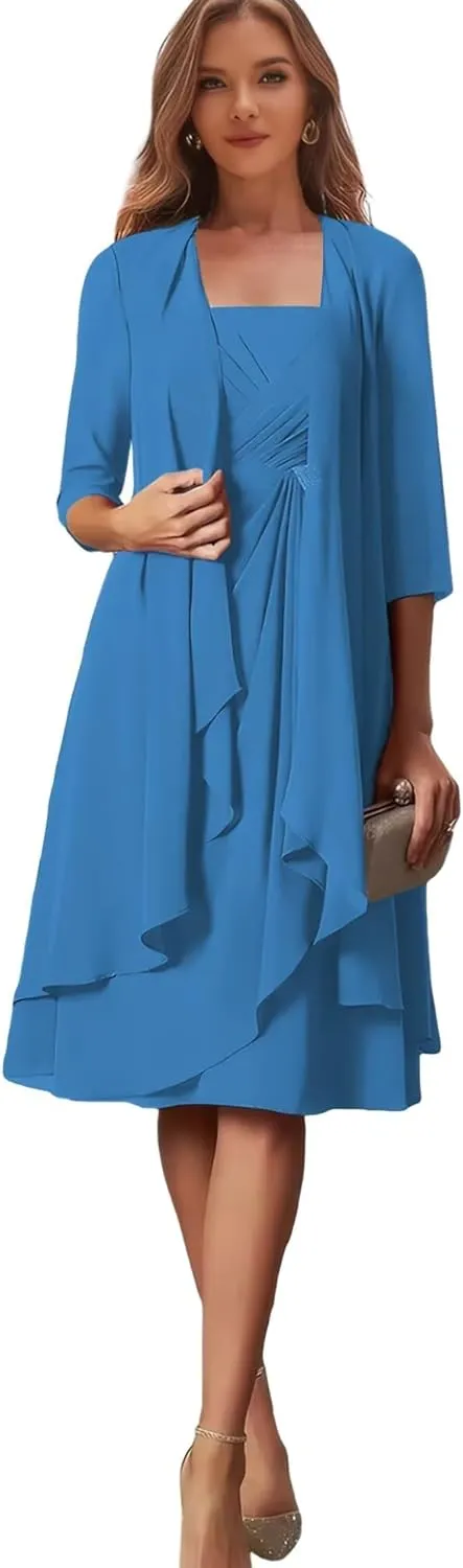2 Pieces Mother of The Bride Dresses with Jacket Ruffles Short Formal Dress for Women Wedding Guest