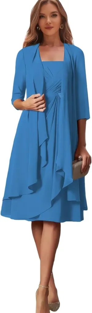 2 Pieces Mother of The Bride Dresses with Jacket Ruffles Short Formal Dress for Women Wedding Guest