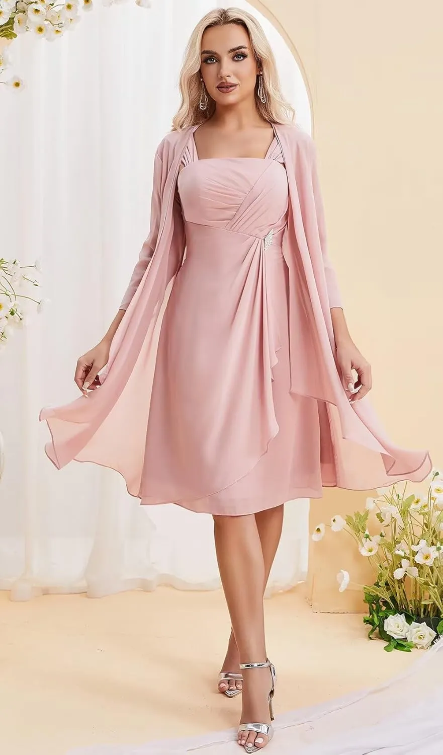 2 Pieces Mother of The Bride Dresses with Jacket Ruffles Short Formal Dress for Women Wedding Guest