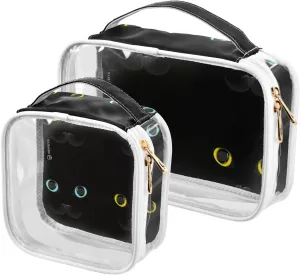2 Pieces Portable Clear Large Makeup Bag, PVC Waterproof Travel Organizer for Men Women, Black-cats-pattern Toiletry Bags with Gold Zippers.