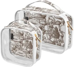 2 Pieces Portable Clear Large Makeup Bag, PVC Waterproof Travel Organizer for Men Women, Mushrooms-engraving-style Toiletry Bags with Gold Zippers.