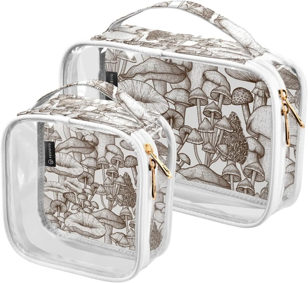 2 Pieces Portable Clear Large Makeup Bag, PVC Waterproof Travel Organizer for Men Women, Mushrooms-engraving-style Toiletry Bags with Gold Zippers.