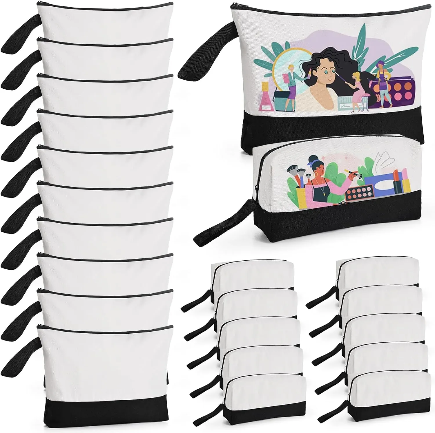 20 Pcs Canvas Makeup Bag with Bottom, Cotton Cosmetic Bag Set Bulk Multi-Purpose DIY Heat Transfer Makeup Bags with Black Zipper for Bridesmaid Makeup Bag Travel Toiletry Pouch Storage (White&Black