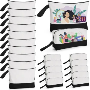 20 Pcs Canvas Makeup Bag with Bottom, Cotton Cosmetic Bag Set Bulk Multi-Purpose DIY Heat Transfer Makeup Bags with Black Zipper for Bridesmaid Makeup Bag Travel Toiletry Pouch Storage (White&Black
