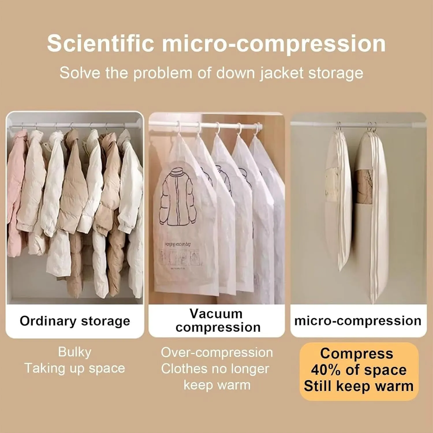 2025 Space Saving Hanging Garment Bag with Self Compression Zipper, Compression Space Saver Closet Storage Organizers, Dust Cover Clothes Bags for Down Coat (Beige,Large)