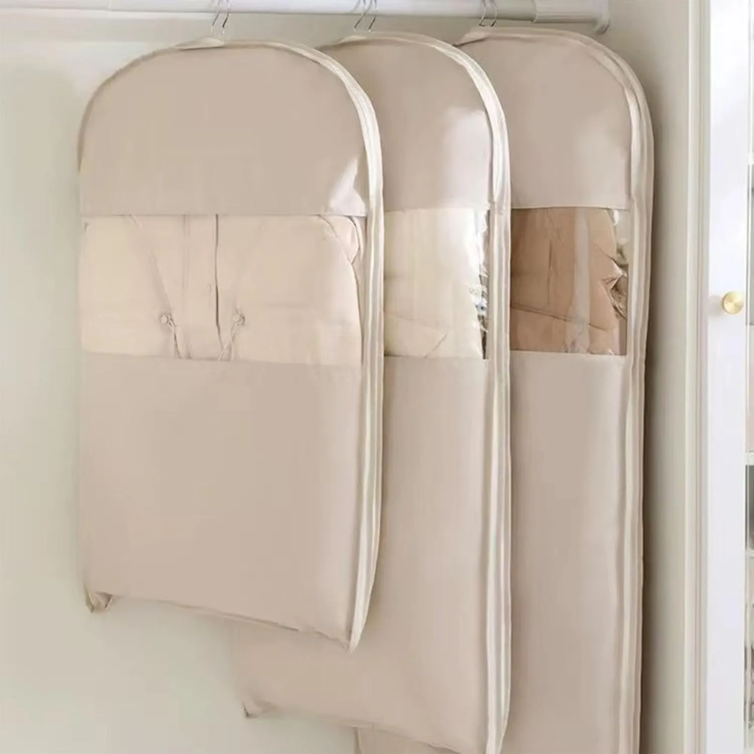 2025 Space Saving Hanging Garment Bag with Self Compression Zipper, Compression Space Saver Closet Storage Organizers, Dust Cover Clothes Bags for Down Coat (Beige,Large)