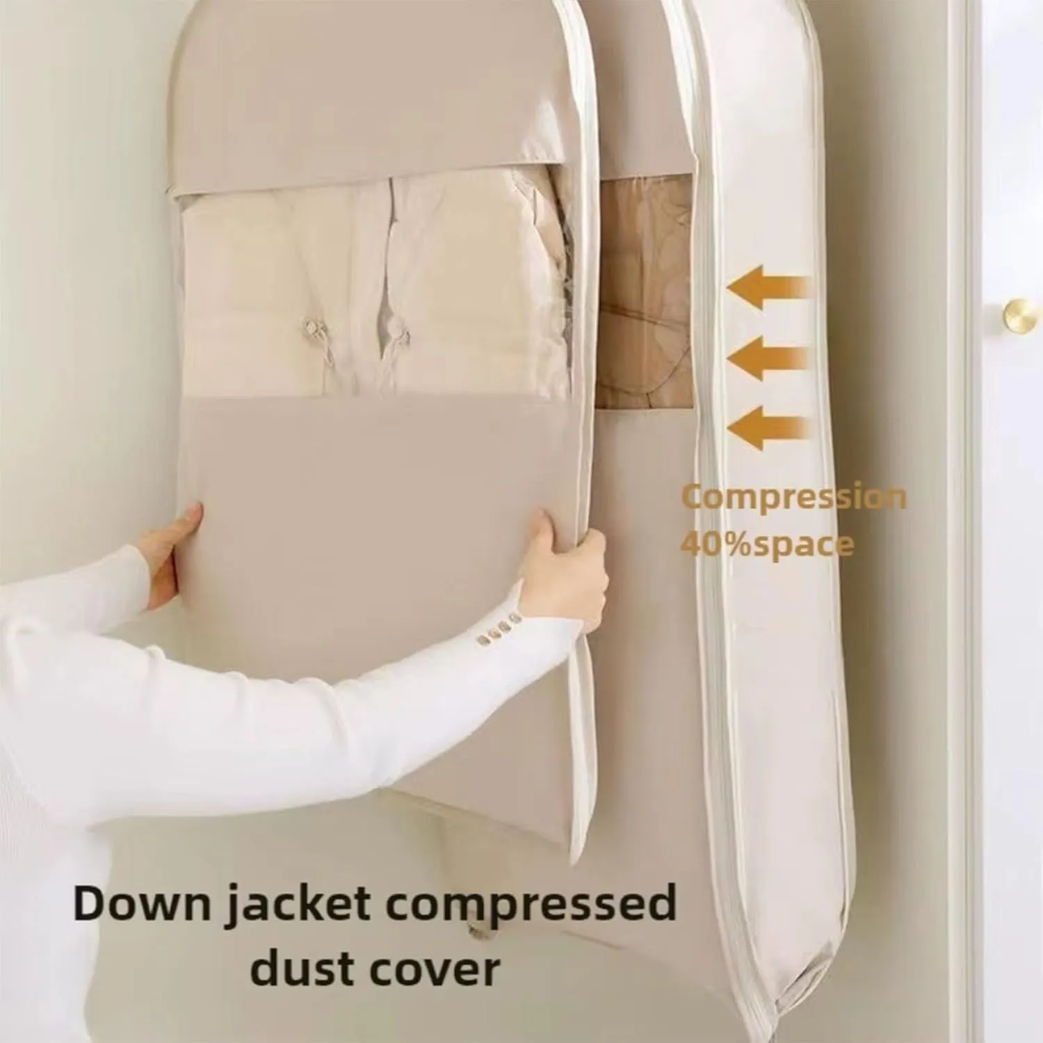 2025 Space Saving Hanging Garment Bag with Self Compression Zipper, Compression Space Saver Closet Storage Organizers, Dust Cover Clothes Bags for Down Coat (Beige,Large)