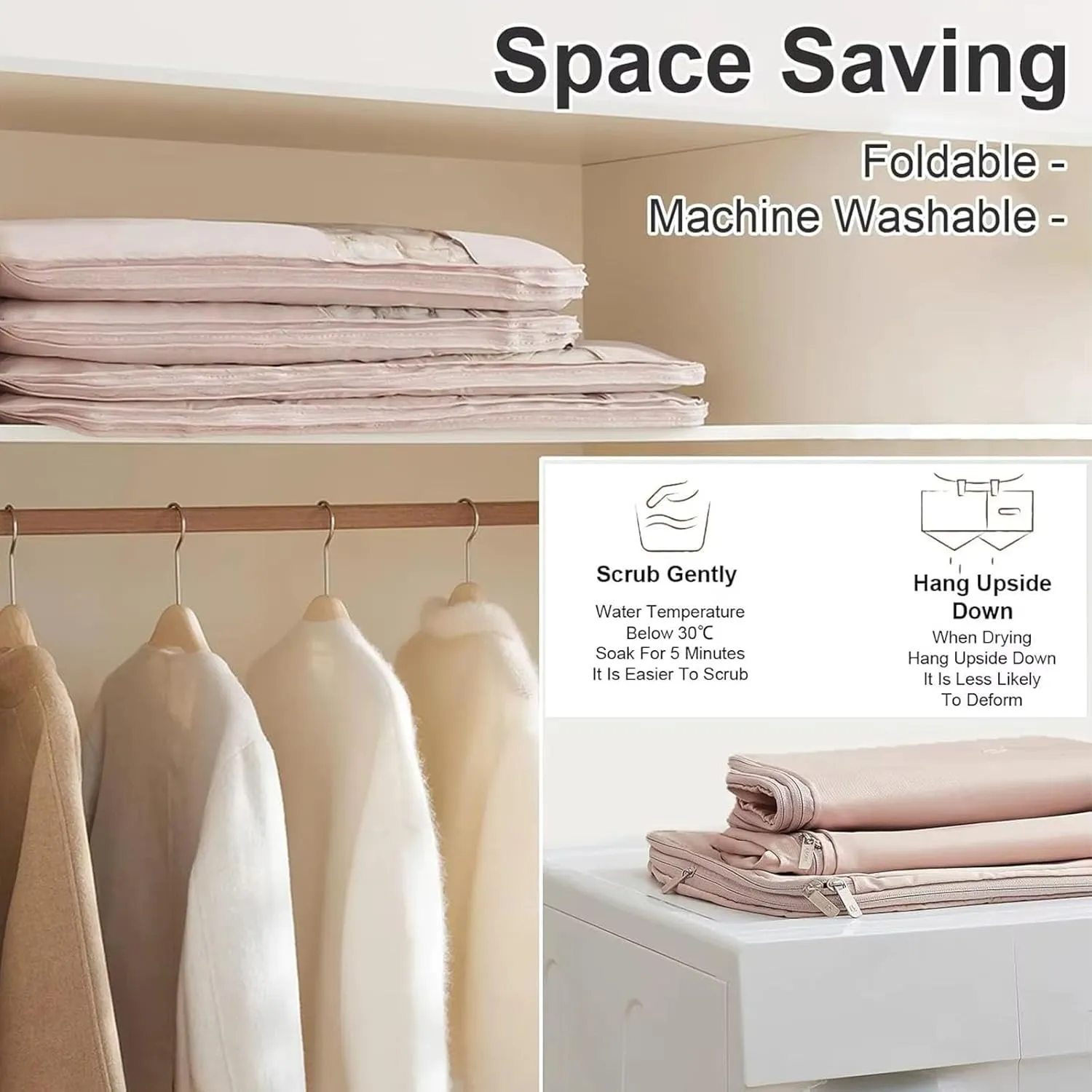 2025 Space Saving Hanging Garment Bag with Self Compression Zipper, Compression Space Saver Closet Storage Organizers, Dust Cover Clothes Bags for Down Coat (Beige,Large)