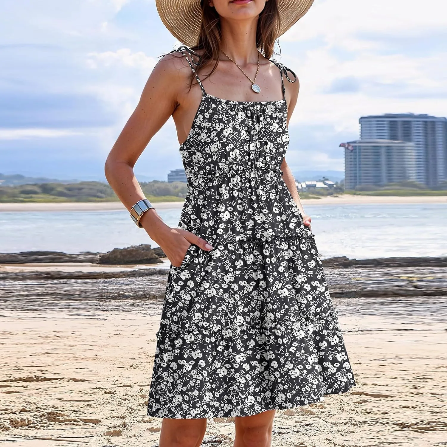 2025 Summer Dresses Trendy Cute Tie Ruffle Mini Dress Sling Women's Sundress Vacation Beach Short