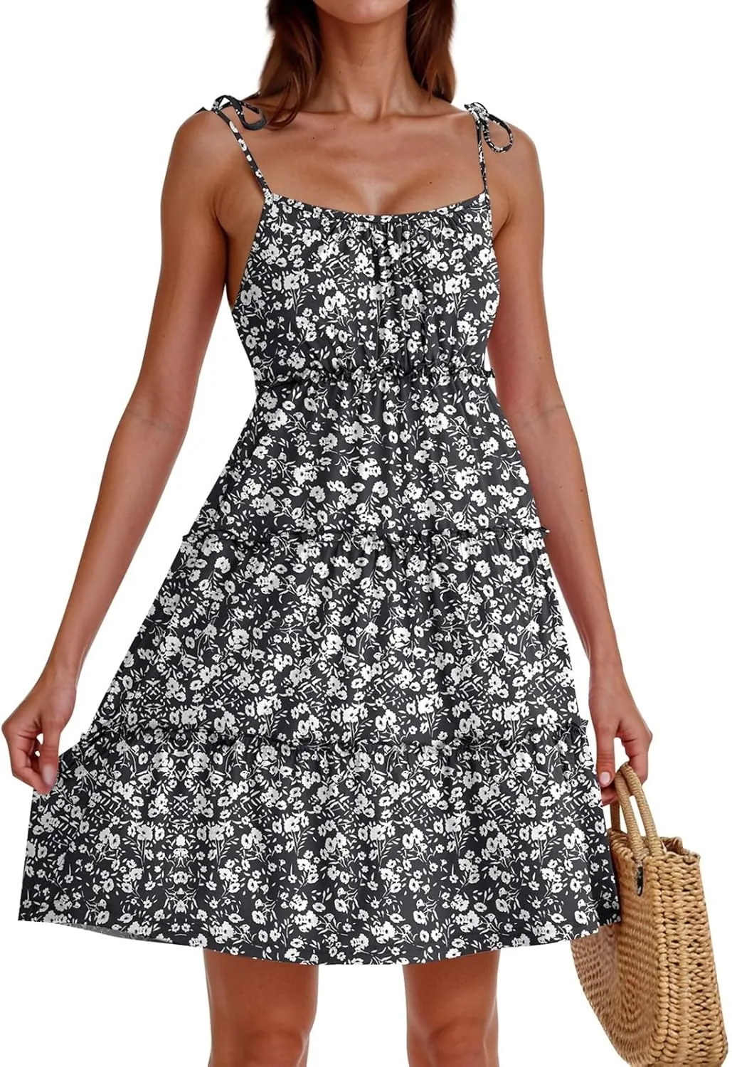 2025 Summer Dresses Trendy Cute Tie Ruffle Mini Dress Sling Women's Sundress Vacation Beach Short