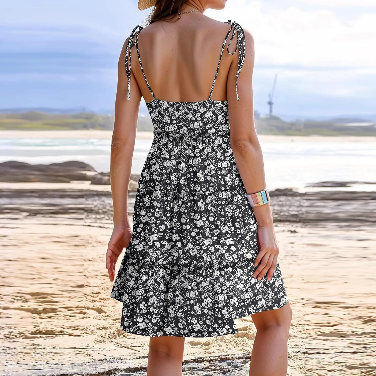 2025 Summer Dresses Trendy Cute Tie Ruffle Mini Dress Sling Women's Sundress Vacation Beach Short
