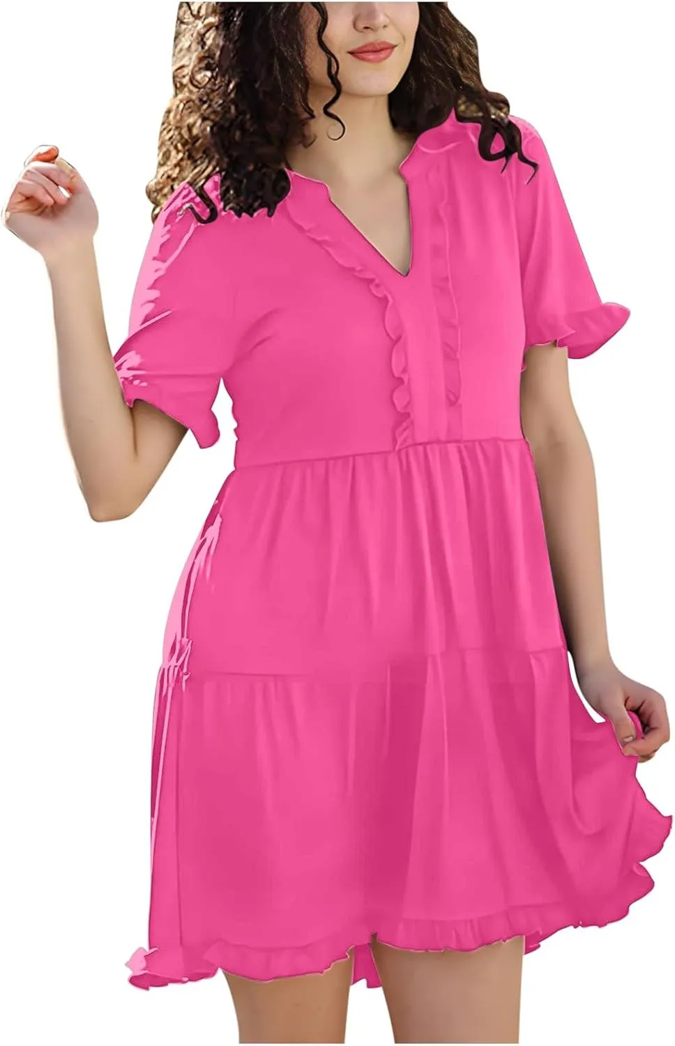 2025 Women Dresses Spring Summer V Neck Ruffle Short Sleeve Casual A-Line Flowy Dress Babydoll Shift Dress Mini Dress