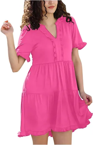 2025 Women Dresses Spring Summer V Neck Ruffle Short Sleeve Casual A-Line Flowy Dress Babydoll Shift Dress Mini Dress