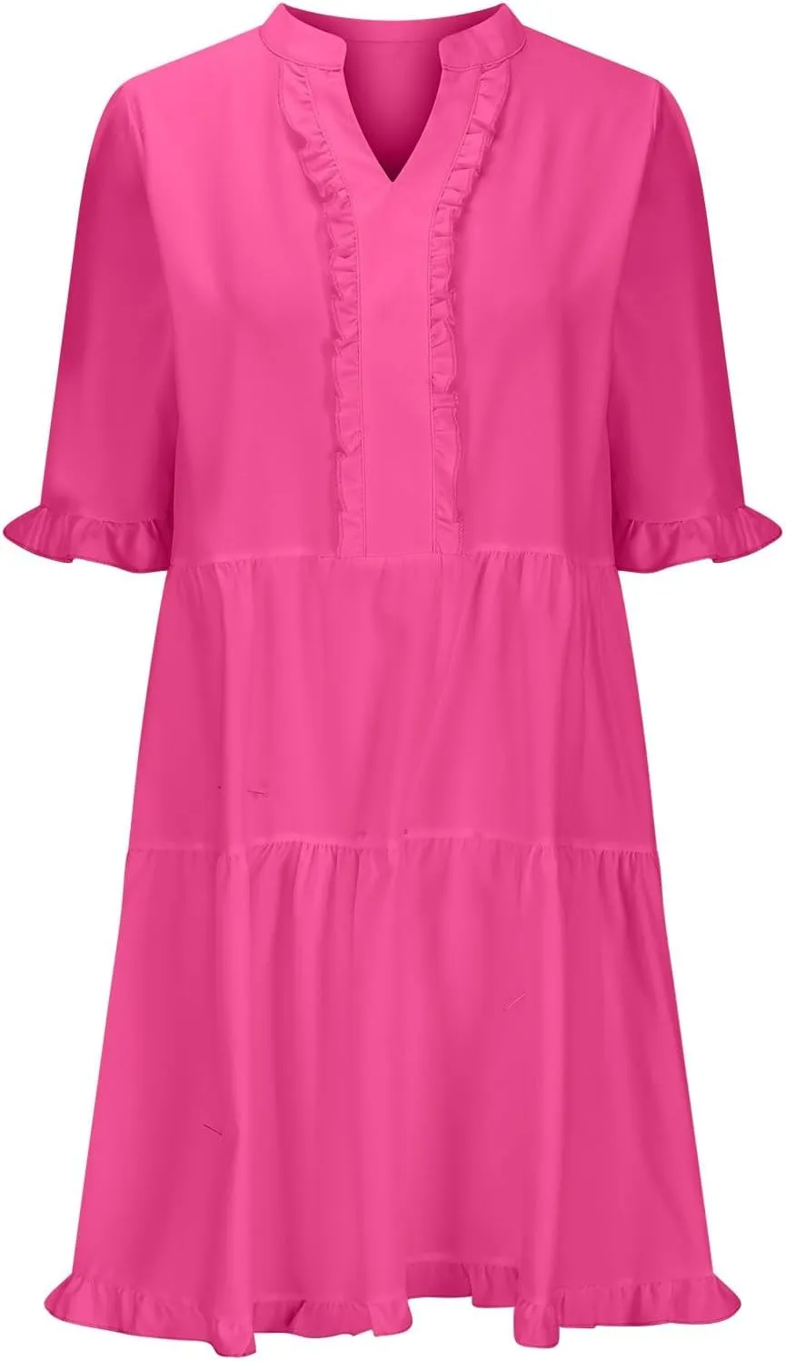 2025 Women Dresses Spring Summer V Neck Ruffle Short Sleeve Casual A-Line Flowy Dress Babydoll Shift Dress Mini Dress