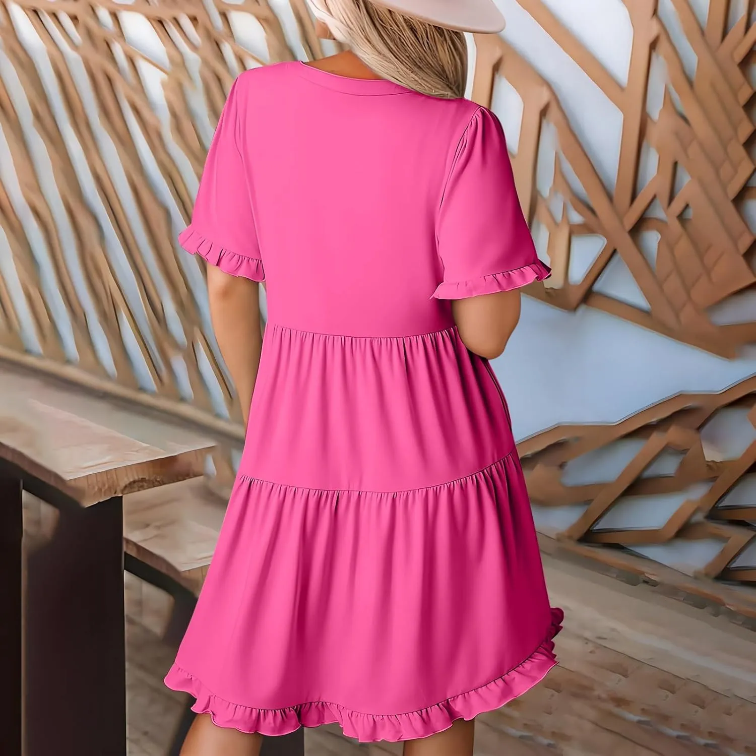 2025 Women Dresses Spring Summer V Neck Ruffle Short Sleeve Casual A-Line Flowy Dress Babydoll Shift Dress Mini Dress