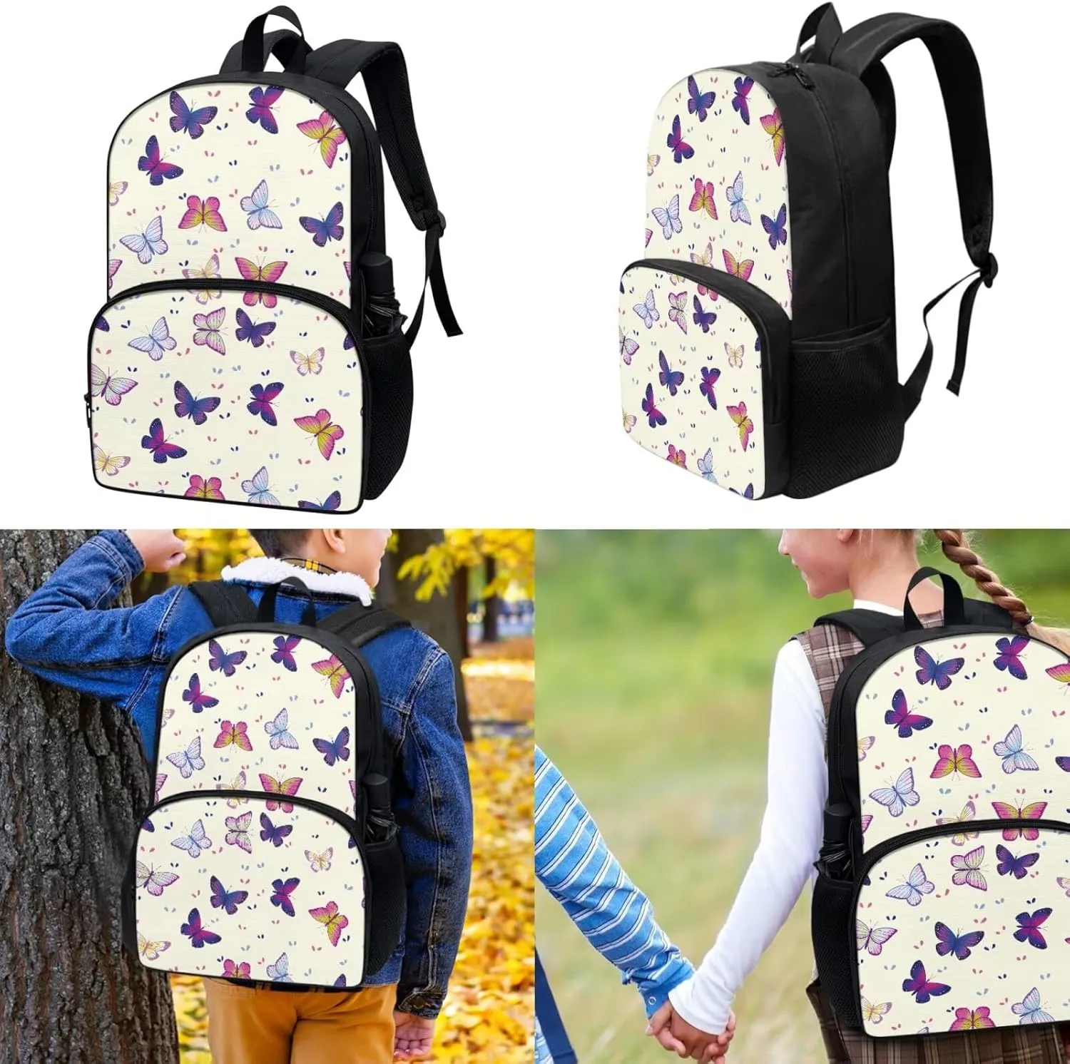 3 Pcs Butterfly Backpack Kids Backpacks for Girls with Lunch Box School Pencil Case Insulated Lunch Bag Large Capacity Backpack for School Travel