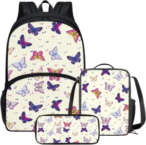 3 Pcs Butterfly Backpack Kids Backpacks for Girls with Lunch Box School Pencil Case Insulated Lunch Bag Large Capacity Backpack for School Travel