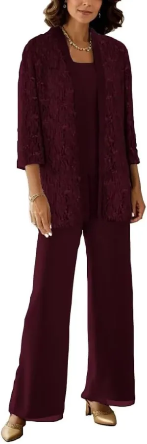 3 Pcs Mother of The Bride Pantsuits with Jackets 3/4 Long Sleeve Pant Suits for Women Dressy Wedding