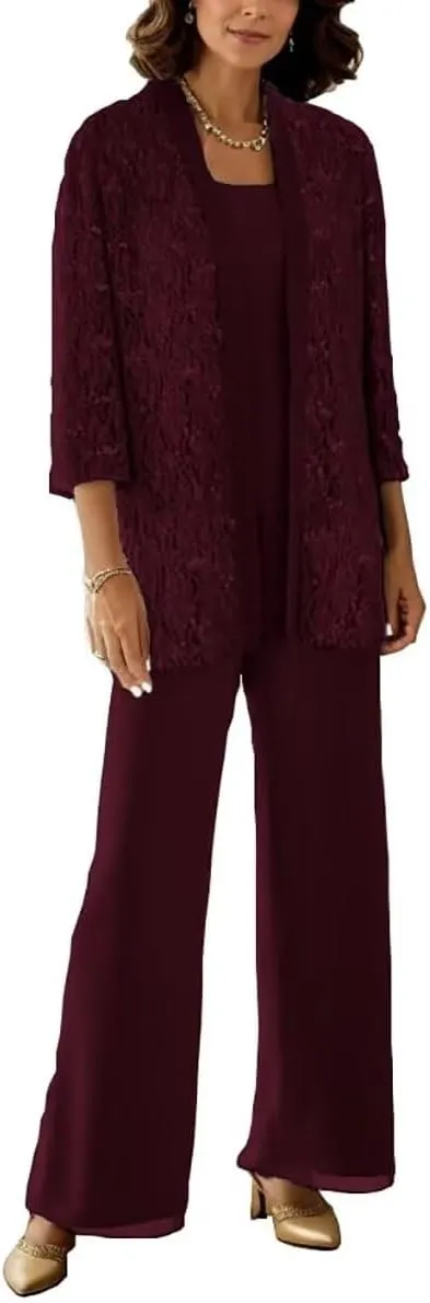 3 Pcs Mother of The Bride Pantsuits with Jackets 3/4 Long Sleeve Pant Suits for Women Dressy Wedding