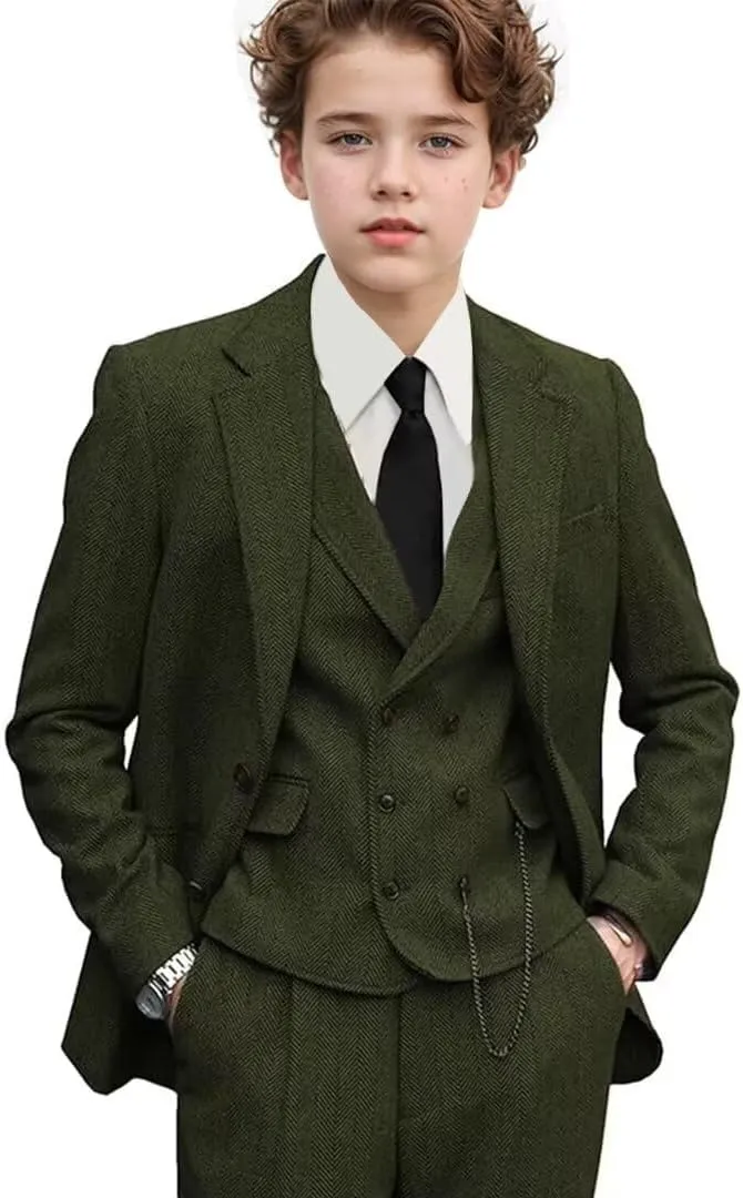 3 Piece Boys Tweed Herringbone Suit Retro Slim fit Two Button Suits Jackets Vest Dress Pants for Kid Toddler Wedding